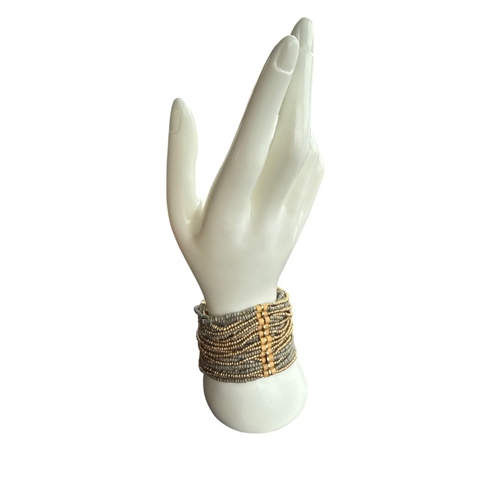 Multi Strand Beaded Cuff Bracelet Gold Gray Boho Stretch Wide Statement‎